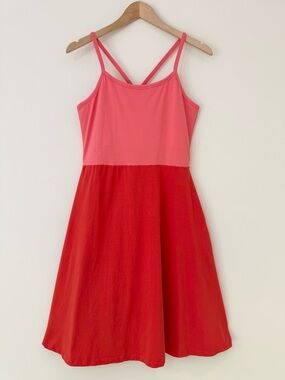 Pact Organic Cotton Fit & Flare Midi Dress - Pink/Red Colorblock, Size L